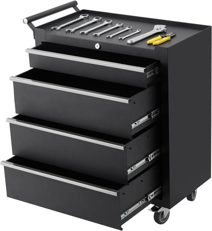 PeakPursuit 4-Drawers Rolling Tool Chest, Portable Tool Box with Wheels and Lock System, Secure Storage Cabinet for Warehouse, Workshop, and Repair Shop, Black