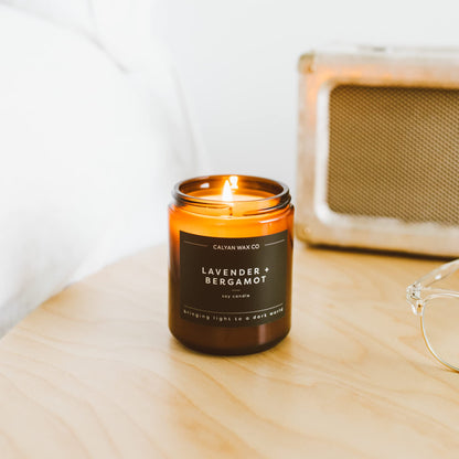 Calyan Wax Co. Lavender & Bergamot Scented Candle - 57 Hour Burn - Luxury Clean Soy Wax Candles - Long Lasting Amber Glass Jar Candle for Home - 7.2oz