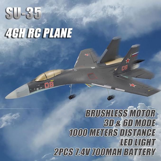 RC Airplane for Adult SU35 Jet 4CH Remote Control Plane RTF Tail Motor Aircraft 3D / 6G Stunt Function Fixed Wing Glider Brushless Motor Simulation Fighter Beginners 2 Batteries (Gray)