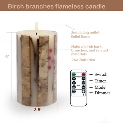Real Birch Candles Flameless Embedded with Red Berries Christmas Flameless Candles with Remote Pillar Candles Battery Operated (3.5" × 6") - Real Wax, Unscented - for Christmas Decorations