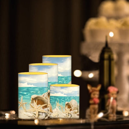 NETILGEN LED Flickering Candles Battery Operated Candles Set of 4 with Remote Control Timer Dancing Flame Pillar Candles Home Table Coastal Decoration, Beach Sky with Starfish