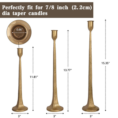 Iron Taper Candle Holder Set of 3 - Decorative Tall Candle Stand, Candlestick Holder for Wedding, Dining Table, Party Decoration (Antique Brass)