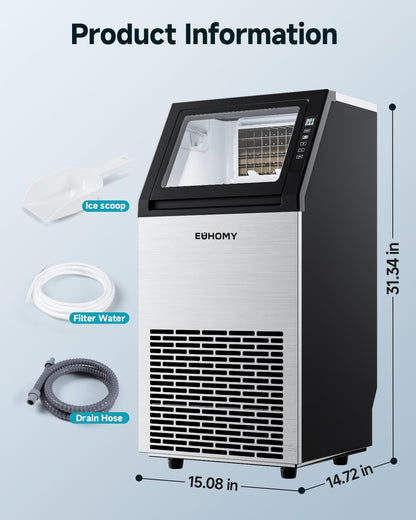 EUHOMY Commercial Ice Maker Machine,100lbs/24H Stainless Steel Under Counter Ice Machine with 33lbs Storage Bin, Freestanding Ice Maker for Home/Bar/Cafe/Restaurant