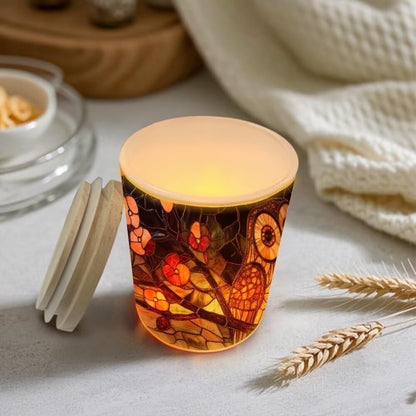 Stained Glass Owls Tea Light Candle Holders, Spring Blossoms Tealight Candle Holder Jar with Wooden Lid, Votive Candlesticks for Table Centerpieces, Christmas,Birthday Party,Home Decor