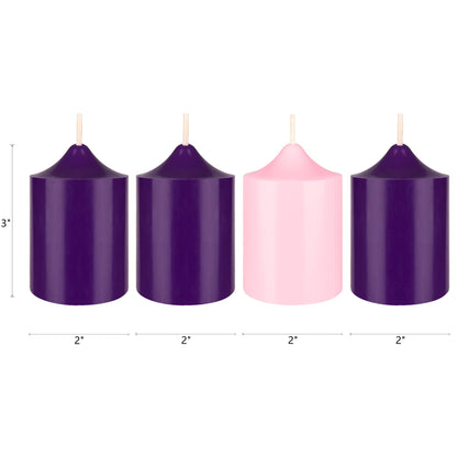 Mega Candles 4 pcs Unscented Christmas Advent Candles Set, Hand Poured Premium Wax Bell Top Round Pillar Candle 2 Inch x 3 Inch, Holidays, Festivities, Devotional, Church, Wreath, Party, Gifts