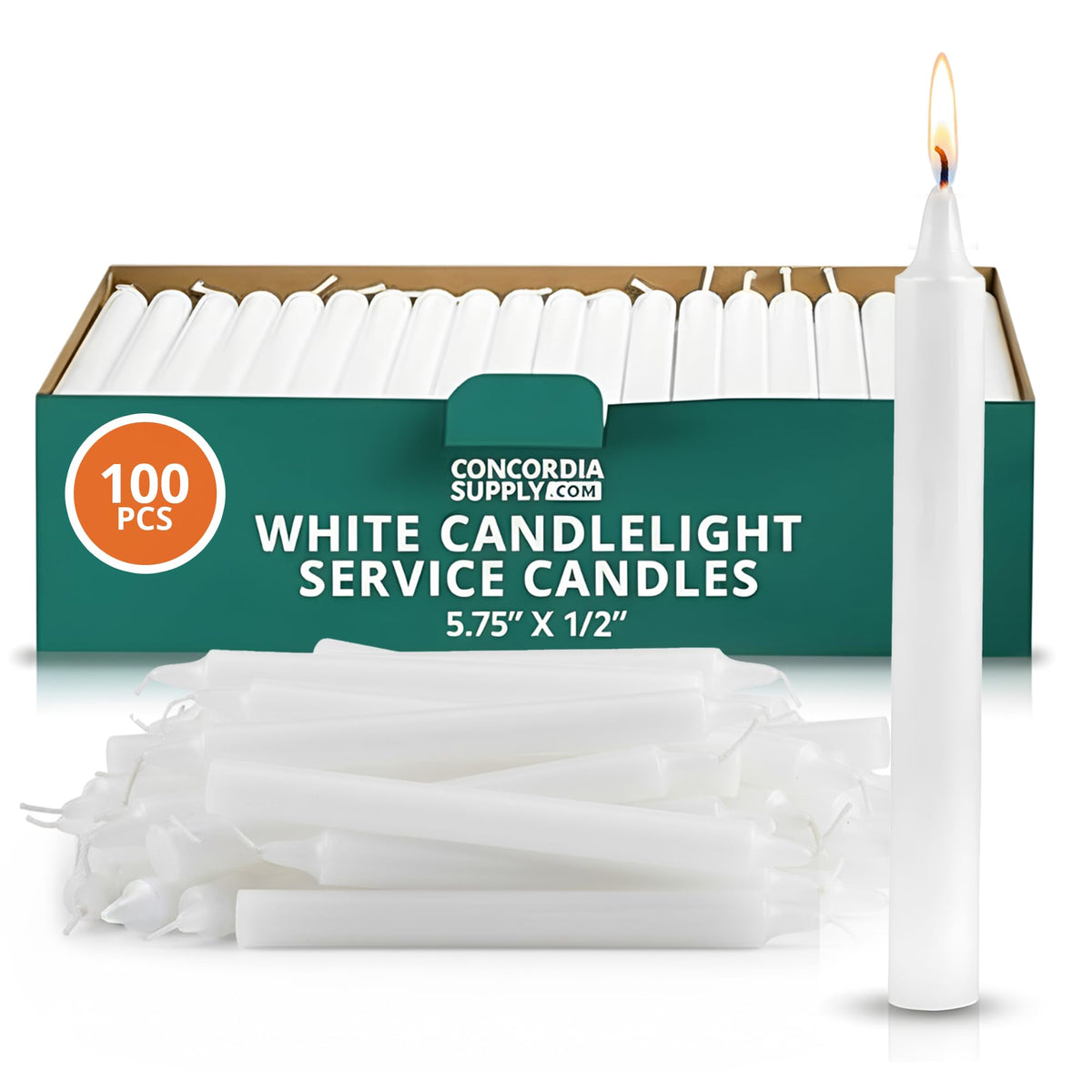 Concordia Supply Church Candles for Candle Light Service Vigil - 5.75" x 1/2" Bulk White Candles for Memorial, Congregational, Shabbat, Wedding, Communion, Baptism & Christmas Ceremonies - Box of 100