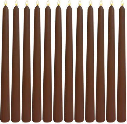 12-Pack Brown Taper Candles, 10 Inch Unscented Dripless Candlesticks, Long-Lasting Burn Time of 7-8 Hours, Perfect for Home Décor Dinner Party Meditation