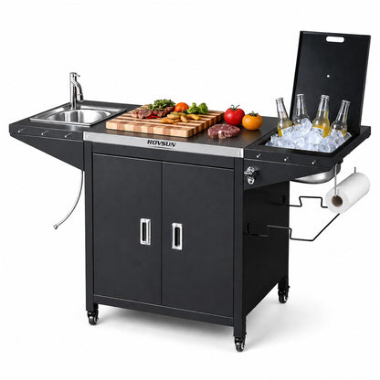 ROVSUN Outdoor Grill Cart with Sink, 304 Stainless Steel Sink with Chilly Bin Cooler, Rolling Kitchen Prep Island with Cabinet, Bottle Opener, Rubbish Rack, Patio, Gardens, Backyards