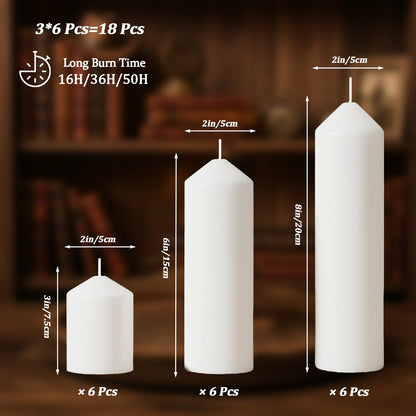 Trxvxo White Pillar Candles Bulk Set of 18，Hurricane Candles，3 Different Lengths 2 x 3/6/8 Inch (6 Each)，Dripless Unscented Smokeless，Gives You a Better Atmosphere When Organizing an Event Party.