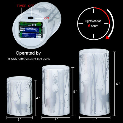 Lasumora Birch Silver Reindeer Christmas Candles with 6H Timer, Real Wax LED Candle Flameless Flickering, Battery Operated Candles Pillar for Home Décor Christmas Decorations Gifts, 3x4/5/6 inches