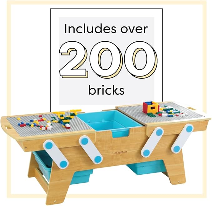 KidKraft Building Bricks Play N Store Wooden Table Children's Toy Storage with Bins 200+ Building Blocks Included Natural Gift for Ages 3+