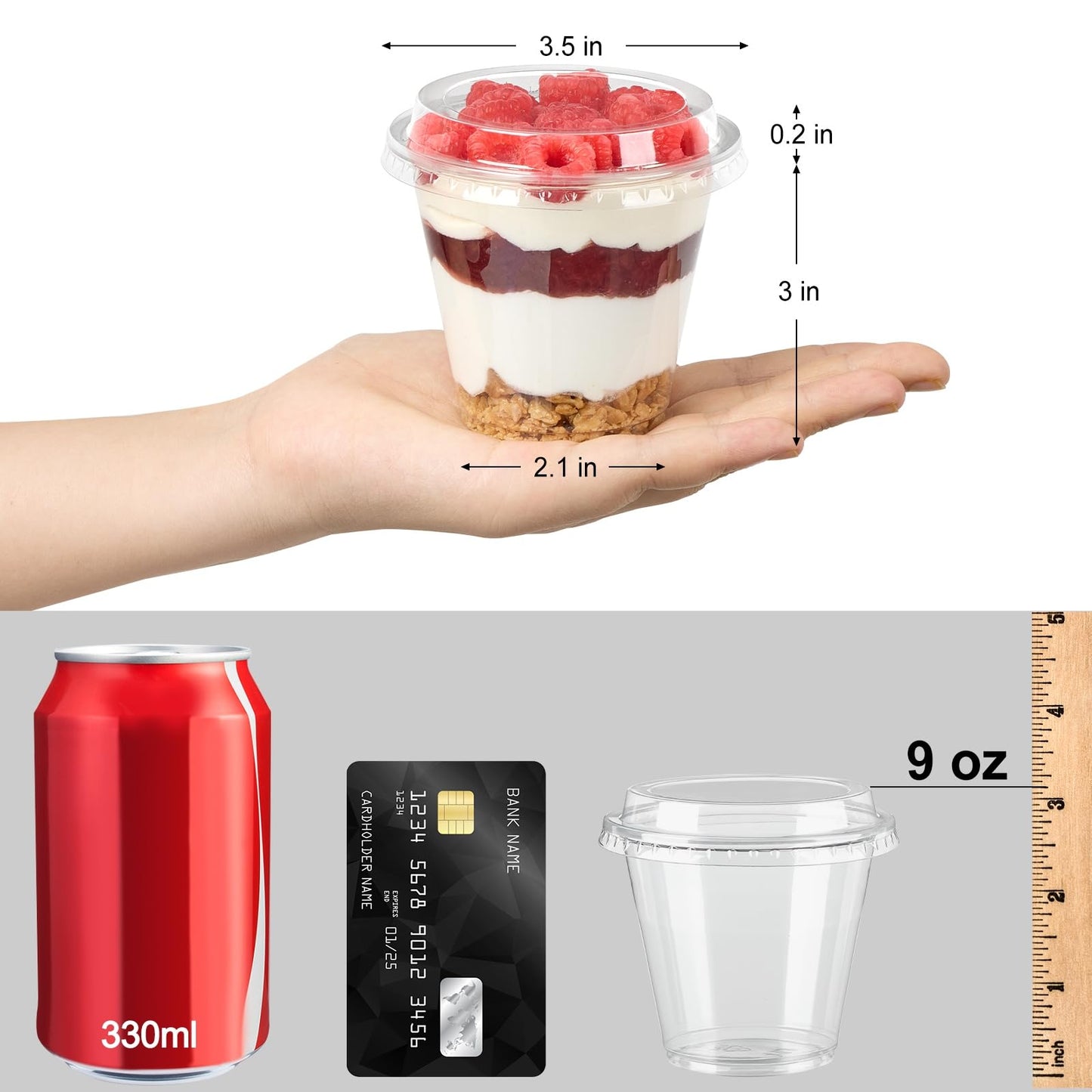 Jycnolm 100 Pack 9 oz Plastic Dessert Cups with Lids, Small Plastic Yogurt Parfait Cups, Mini Round Party Serving Cup for Pudding, Fruit, Cake, Appetizer, Dessert Shot Glasses