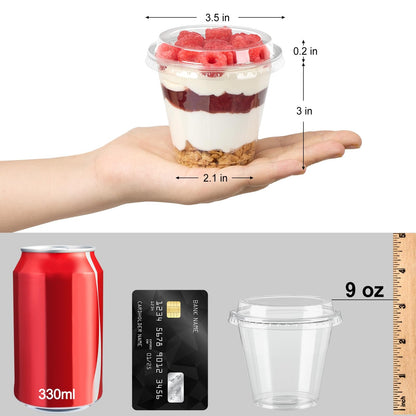 Jycnolm 100 Pack 9 oz Plastic Dessert Cups with Lids, Small Plastic Yogurt Parfait Cups, Mini Round Party Serving Cup for Pudding, Fruit, Cake, Appetizer, Dessert Shot Glasses