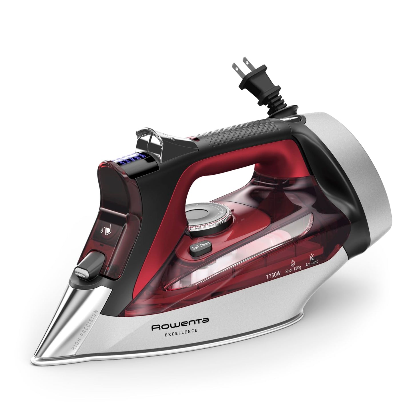 Rowenta Iron, Focus Excellence Stainless Steel Soleplate Steam Iron for Clothes, Retractable Cord, 400+ Microsteam Holes, Powerful steam, LED Display, 1750 W Ironing Clothes, Cordreel, Red DW5433