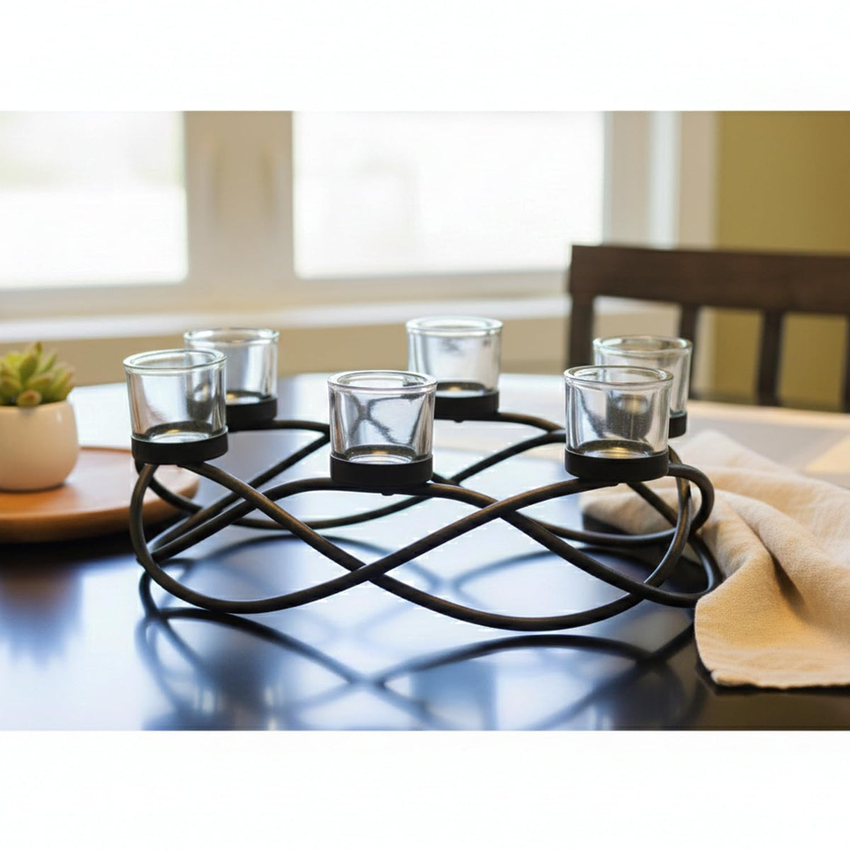 Seraphic Centerpieces for Table Decorations - Oval Candle Holders for Outdoor Patio, Dining, Kitchen, Coffee & Wedding Table Decor, Black Iron Candelabra, 6 Thick Clear Glass Tealight Cups