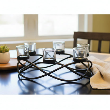 Seraphic Centerpieces for Table Decorations - Oval Candle Holders for Outdoor Patio, Dining, Kitchen, Coffee & Wedding Table Decor, Black Iron Candelabra, 6 Thick Clear Glass Tealight Cups