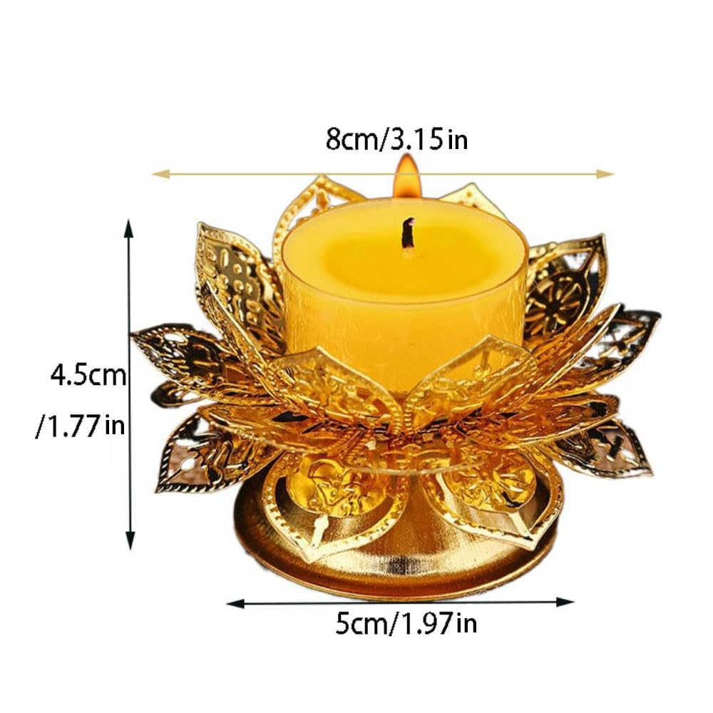 GUDEKIKL 2Pcs Gold Metal Lotus Candle Holder, Creative Alloy Lotus Candle Base, Decorative Desktop Butter Candle Lamp Stand, Lotus Shape Hollow Candlestick for Buddhist Supplies