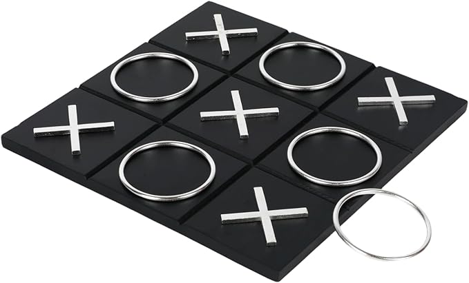 Tic Tac Toe Decor 10 x 10 Inch Wooden Black Wood Board with Gold/Silver X and O Pieces Modern Minimalist Coffee Table Decor for Living Room Office and Bookshelf Display (Silver)
