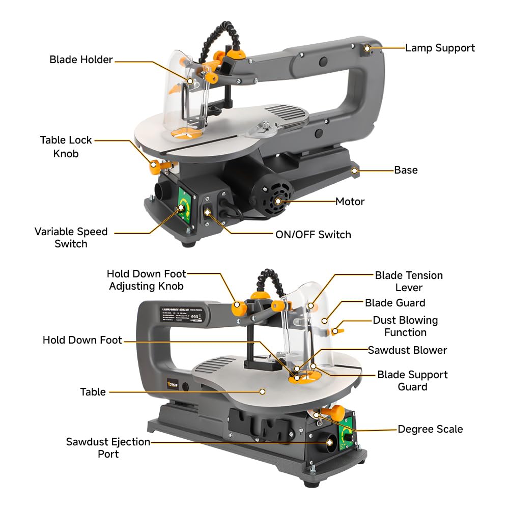 Hoteche 16-inch Power Scroll Saws for Woodworking, 1.2-Amp, Variable Speed, with Large Tilting Working Table and Integrated Dust Port