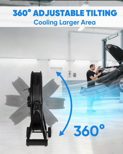 KEN BROWN 24 Inch Industrial Shop Fan, TurboSweep 8 Blades High Velocity Drum Fan, 9500 CFM, Heavy Duty 3 Speeds, 360° Adjustable Tilt for Industrial Commercial Gym Garage