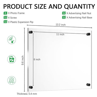 Yalikop 8 Pcs Acrylic Floating Picture Frame 8.5 x 11 Inches Wall Mount Frameless Photo Frames Double Panel Clear for Home Office Photo Display, Full Size 9.6 x 13.2 Inch (Black)