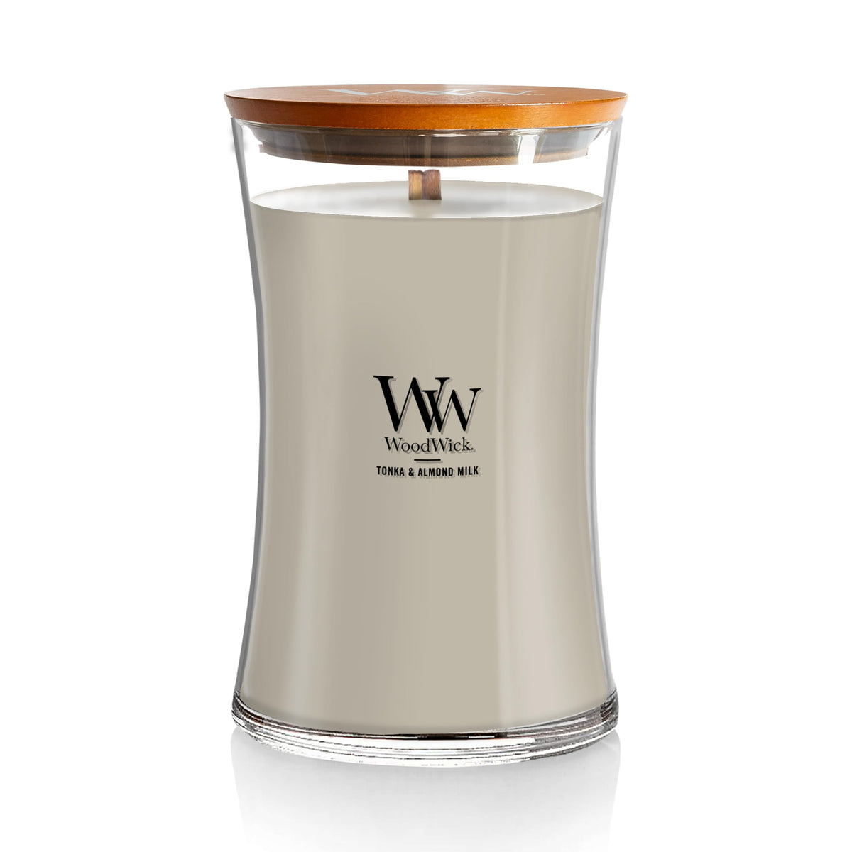 WoodWick Tonka & Almond Milk Gifts for Women and Men, 21.5 oz Large Hourglass Candle with Crackling Wick