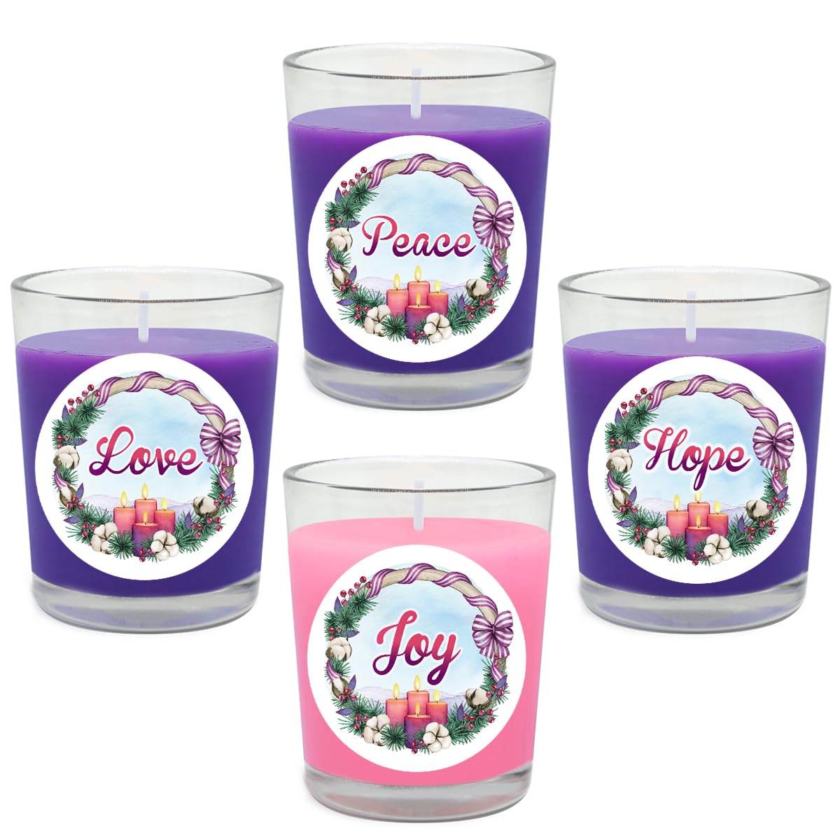 Purple and Pink Christmas Advent Votive Candles in Glass, Unscented 15 Hour Soy Wax Love, Hope, Peace and Joy Candles for Christmas Wedding Table Home Spa Holidays Party, 4 Packs