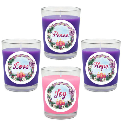 Purple and Pink Christmas Advent Votive Candles in Glass, Unscented 15 Hour Soy Wax Love, Hope, Peace and Joy Candles for Christmas Wedding Table Home Spa Holidays Party, 4 Packs