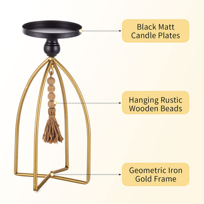 Romadedi Candle Holder Boho Decor - Set of 2 Metal Pillar Candle Stand with Beads for Living Room Mantle Shelf Farmhouse Table Centerpiece for Rustic Chic Home Decoration