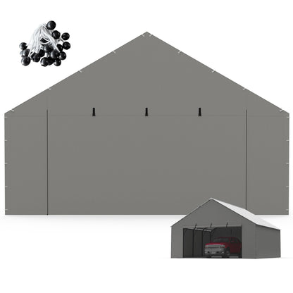 FLOUREE Metal Carport Zipper Door Replacement Fits 20'x16' 20'x20' 20'x25' 20'x26'Heavy Duty 220g PE Tarp, Waterproof UV Resistant Roll-Up Cover with Bungees, Gray (No Frame)