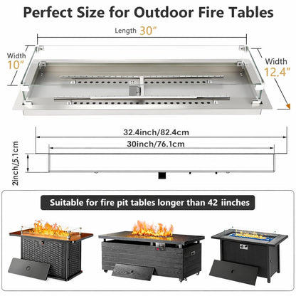 GRISUN Upgraded 30" x 10" Drop-in Fire Pit Kit with Glass Wind Guard & Lid, Linear Fire Pit Burner Pan, Stainless Steel Fire Pit Insert with Spark Ignition