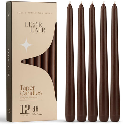 Leor & Lair Brown Taper Candles - 12 Pack 10" Brown Candlesticks - Unscented Long Burning Candle Sticks for Farmhouse Decor, Dinner Table, Holidays, Fall Weddings & Events