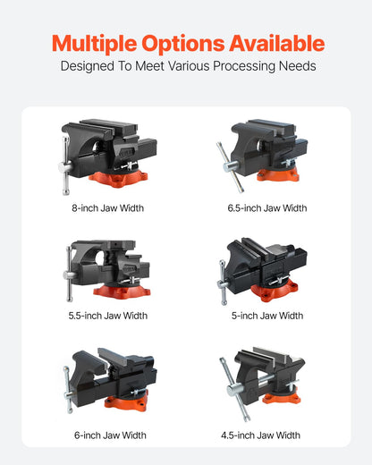 VEVOR Bench Vise, 8" Jaw Width, 8" Max Jaw Opening Multipurpose Vise with 360° Swivel Locking Base, 3.7" Throat Depth, Heavy Duty Ductile Iron Workbench Vise, Two-Way Jaws for Clamping Round Pipes