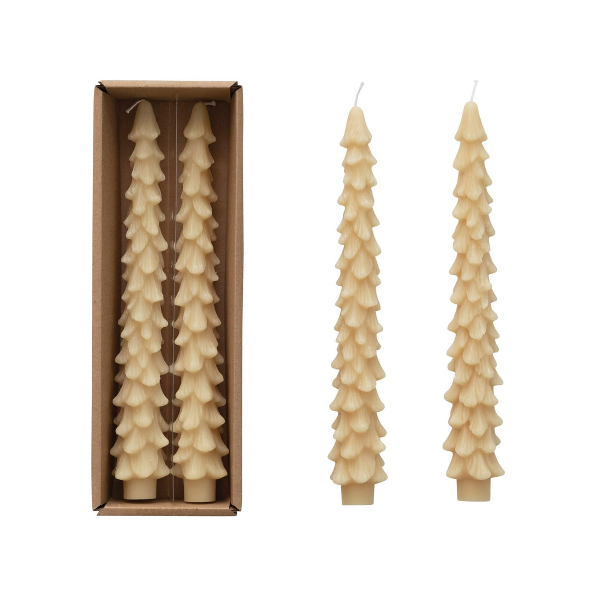 Creative Co-Op Unscented Tree Shaped Taper Candles, Eggnog Beige, Boxed Set Of 2