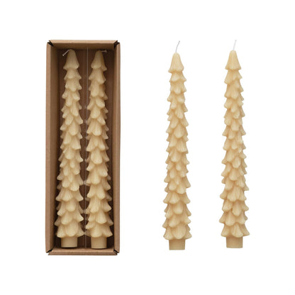 Creative Co-Op Unscented Tree Shaped Taper Candles, Eggnog Beige, Boxed Set Of 2