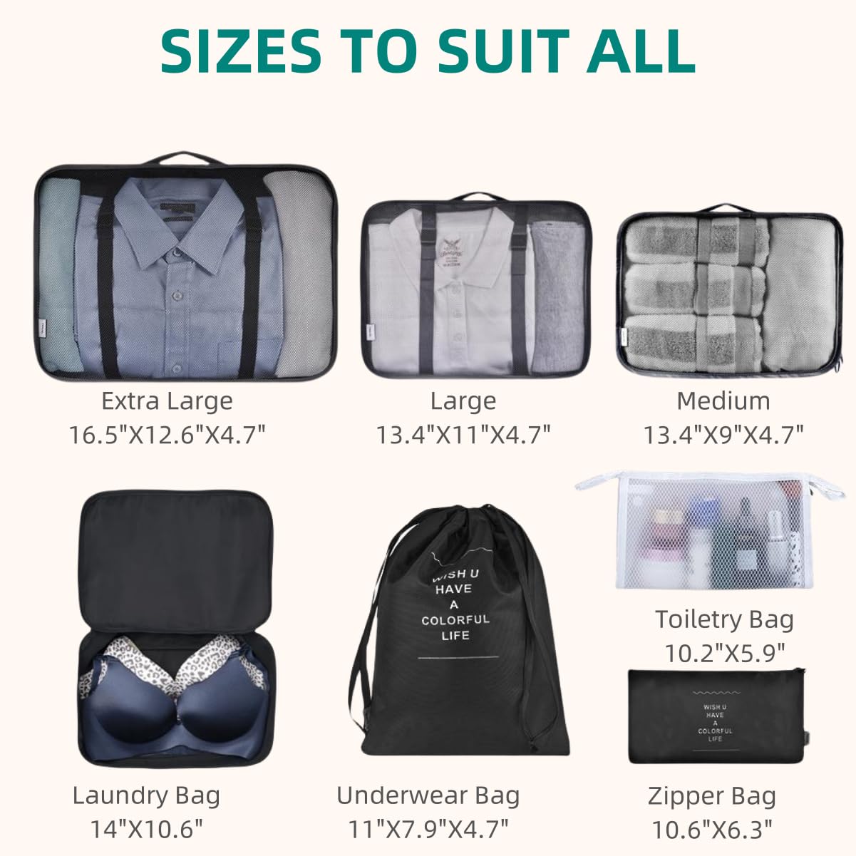 Packing Cubes 7 Pcs Travel Luggage Packing Organizers Set with Toiletry Bag (Black)
