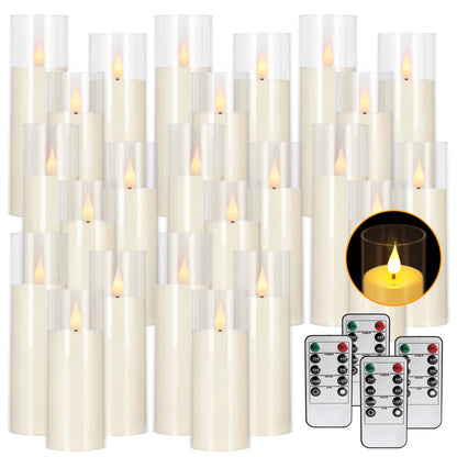 CAKETYCG 24-Pack LED Flameless Candles(14/16/18cm) with 4 Timers Remote - 3D Flickering Flame, Clear, Perfect Decor for Home & Events.