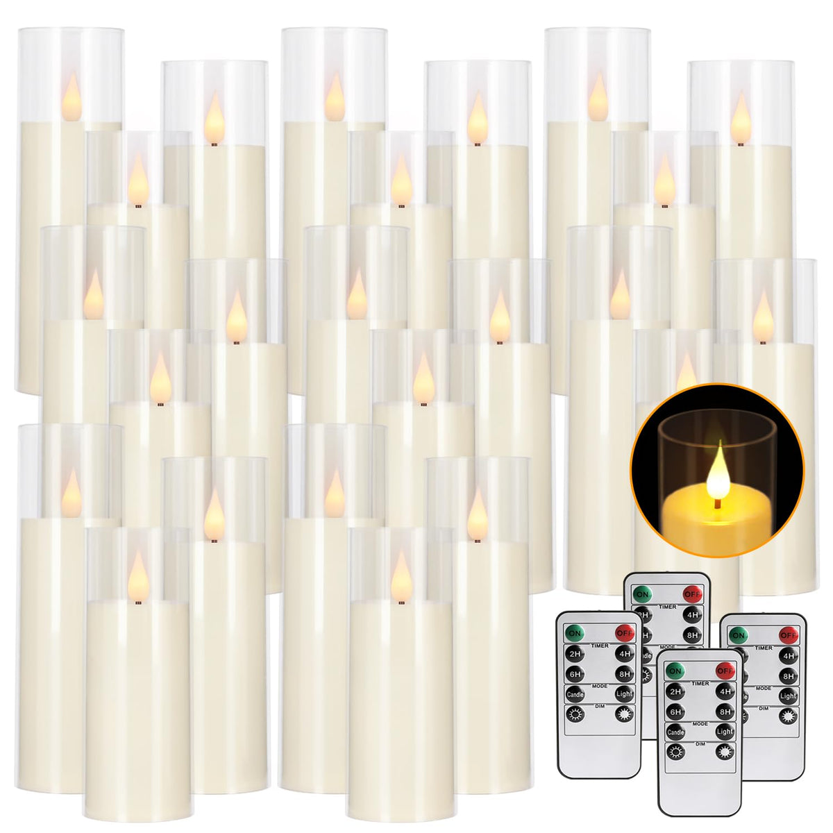 fclayvts 24 Packs of Acrylic LED Candles, Flickering Flameless Candles Battery Operated with Remote Dimmed and Timed, 3D Wick Candles for Home Decor,Wedding,Gift，Parties and Festivals. (3 Size)