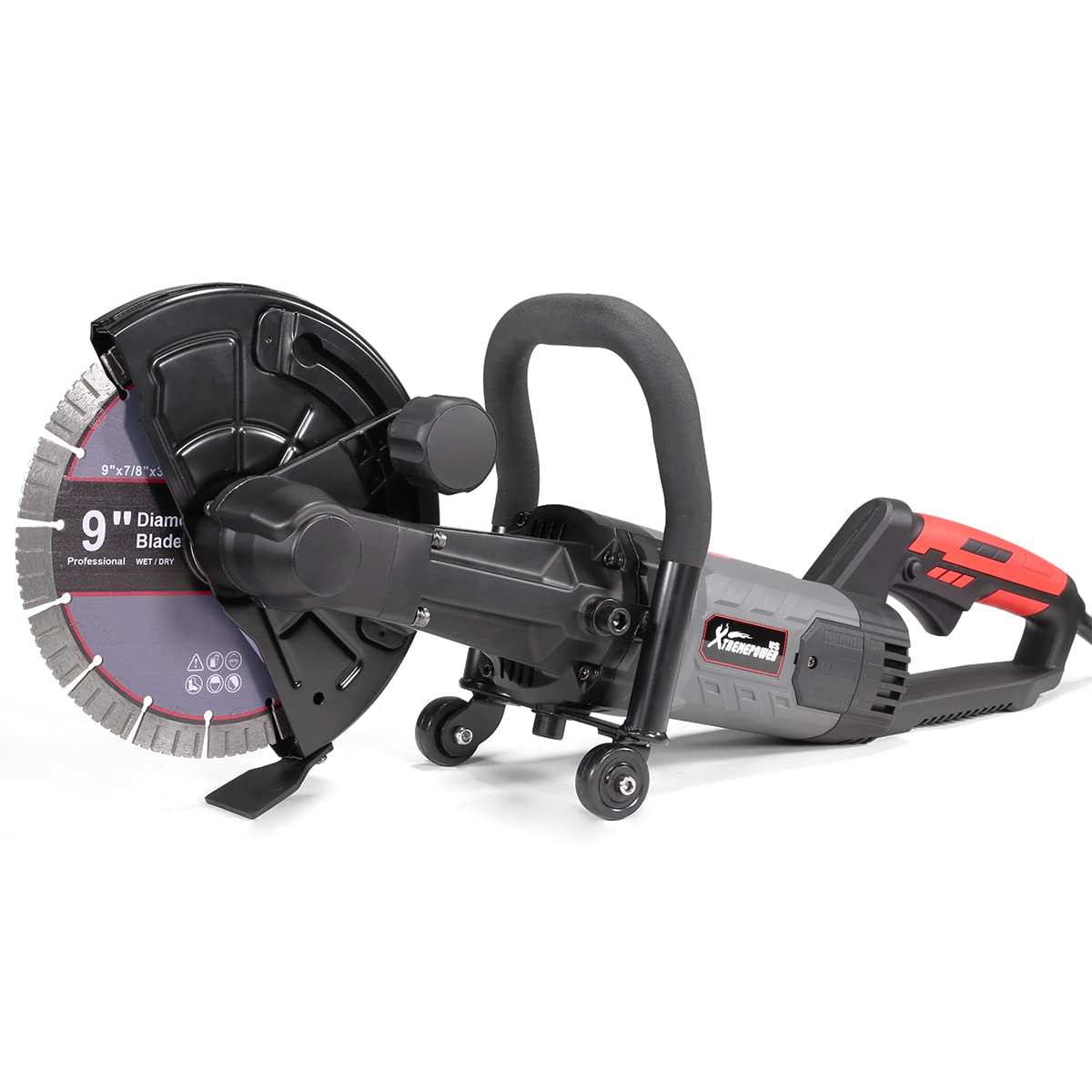 XtrempowerUS 9" Concrete Saw Circular Saw 1800W Electric Cut Off Saw Disc Cutter, Power Cutter Guide Roller (Include 9" Blade), Red/Black