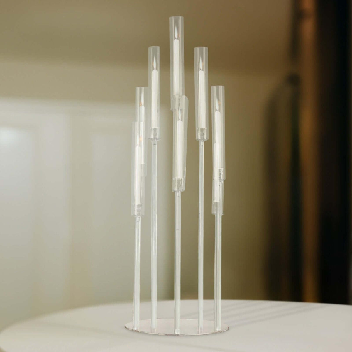 Efavormart 10 Arm Clear Acrylic Cluster Round Taper Candle Holder Candelabra, Pillar Candle Stick Stand with Circular Base - 47" Tall