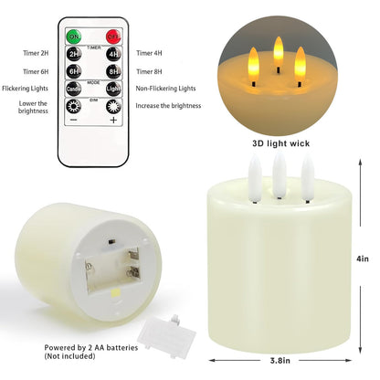 3 Wick Flameless Candles Set of 2, 4"x4" Flickering Large Flameless Candles with Remote & Timer, Dimmable Real Wax Electric Pillar Candles Battery Operated, LED Candles for Home Wedding Xmas Decor