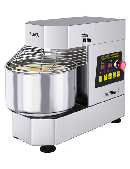 BLEOU Commercial Dough Mixer 10.5 Qt – 750W Spiral Dual Speed & Dual Action Mixer with Timer, Food-Grade Stainless Bowl & Safety Shield – Industrial Kitchen Mixer for Bakery, Pizzeria & Restaurant