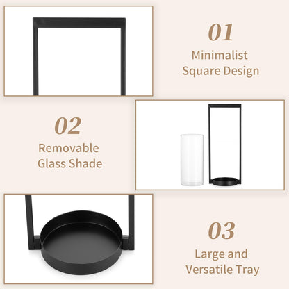 Sziqiqi Hurricane Candle Holder for Pillar: Black Modern Candle Holders for Table Centerpiece - Geometric Candle Stand Set of 2 with Glass for Living Room Fireplace Christmas Decor