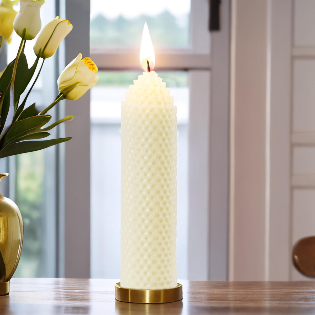 White Beeswax Pillar Candles Set of 6 - Handmade Pure Beeswax Rolled Candles for Gift & Home Decor (1.5×6 in)