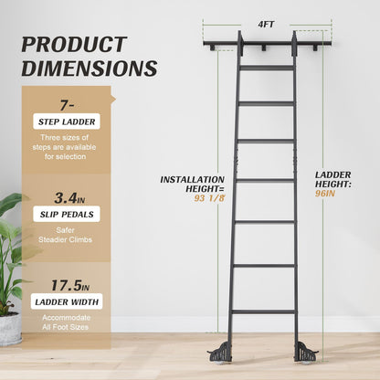 Fredbeck 8ft Rolling Library Aluminium Step Ladder 96" with 4FT Sliding Hardware Track Kit Bottom Wheel Included,for Kitchen,Loft,Warehouses,Bookstore,Atti,Dressing Room,Metal Black
