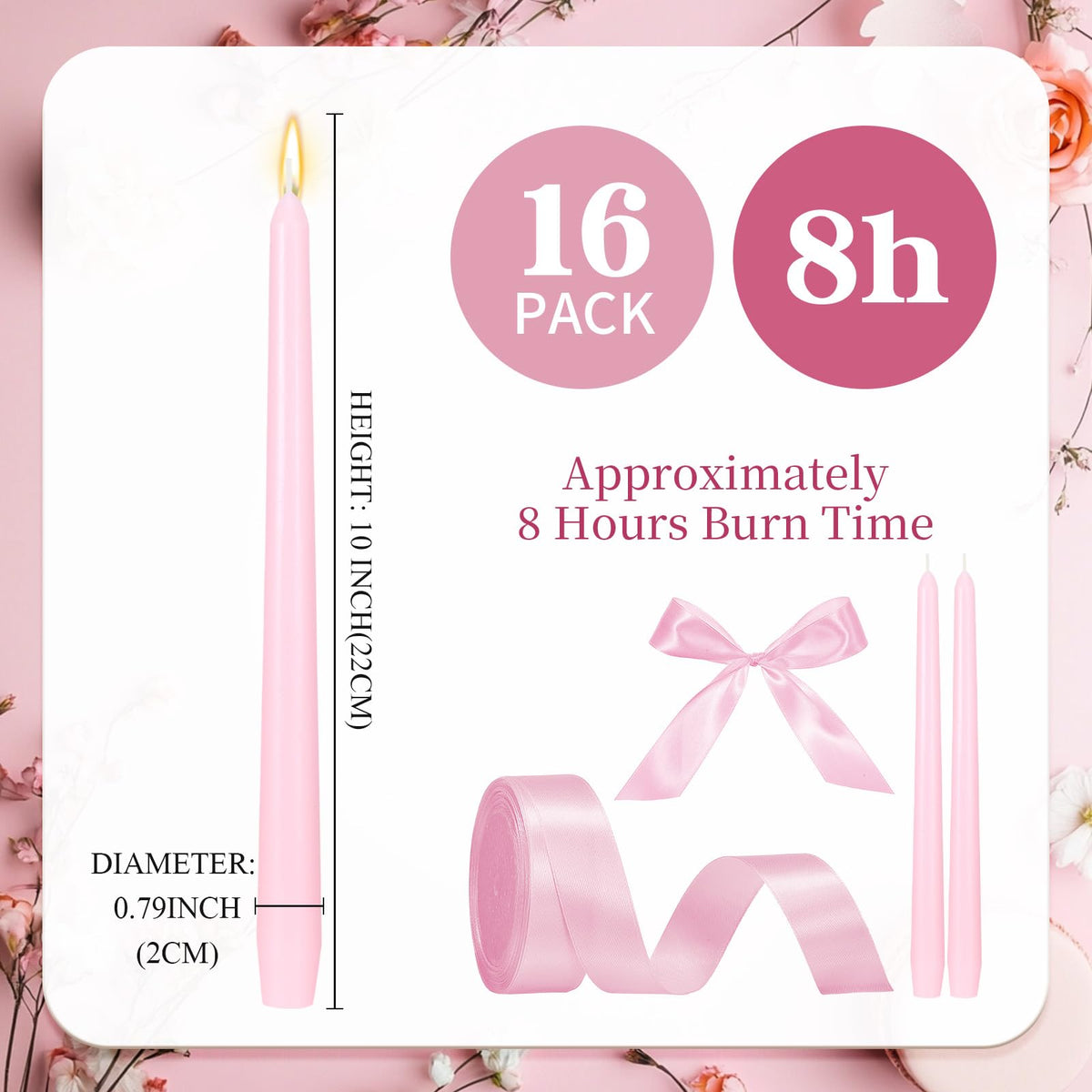 MTLEE 24 Pcs Taper Candles Bow Candle with 72 Ft Ribbons Bows Unscented and Smokeless 0.87 x 10 Inch Tall Candlesticks with Cotton Wick Long Burning for Wedding Dinner Coquette Holiday Party(Pink)