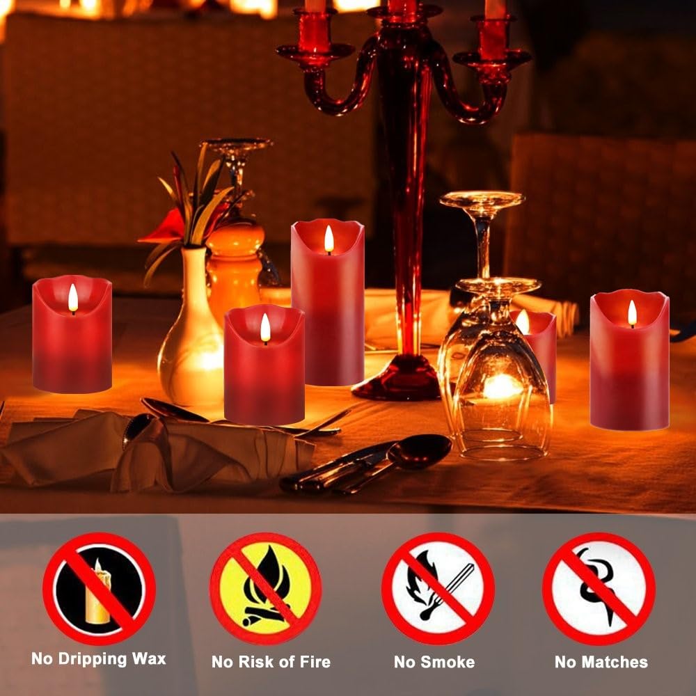 HEIOKEY 3 Pack Red Flickering Flameless Candle Set, Battery Operated Candles with 10-Key Remote Control, Electric Pillar Candle with Timer, Dancing Flames Real Wax Fake Candle for Festive Celebrations
