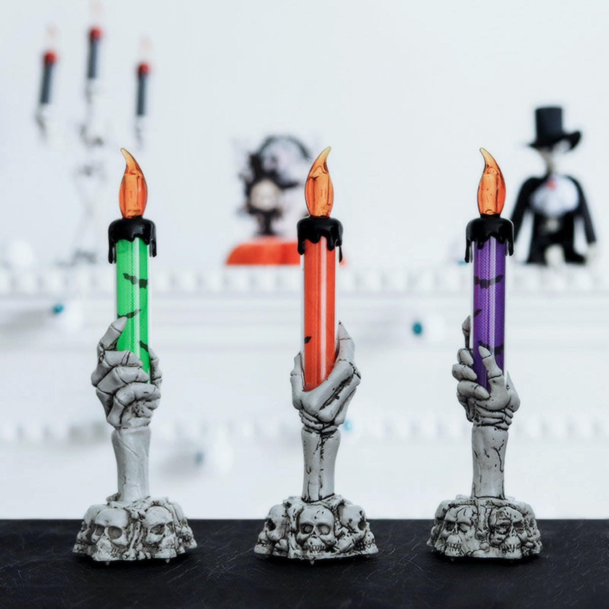 YBB 3 Pack Halloween Skeleton Hand Candle Holder Light, Skull Flameless Taper Candle Lamp for Halloween Party Table Centerpiece Spooky Decoration (Green, Orange, Purple)