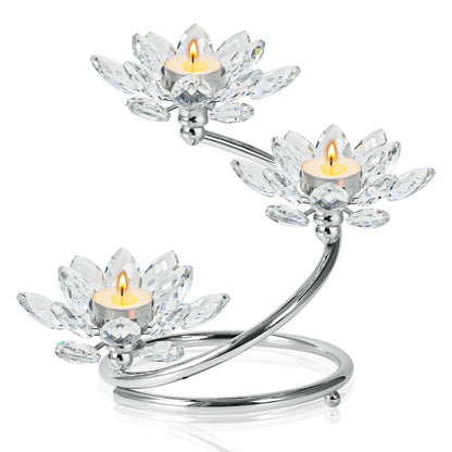 Kehail Silver 1 Pc Crystal Flower Shaped Candle Holder Set, 3-Arm Metal Votive Tea Light Candlestick for Table Centerpiece, Home Wedding Party Anniversary Decor