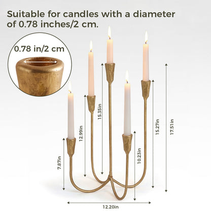 5-Arm Gold Candelabra Candle Holder Detachable Metal Taper Candleholders 17.5” Tall Cast Iron Candlestick Holders for Wedding Centerpiece Dining Table Party Home Decor Events
